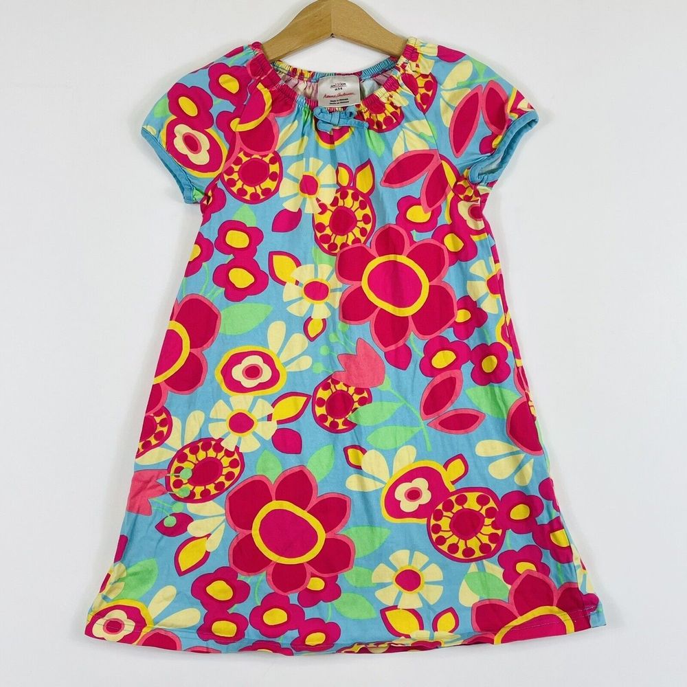 Hanna Andersson Dress Girl 110 5 6 Aqua Bright Floral Short Sleeve Jersey